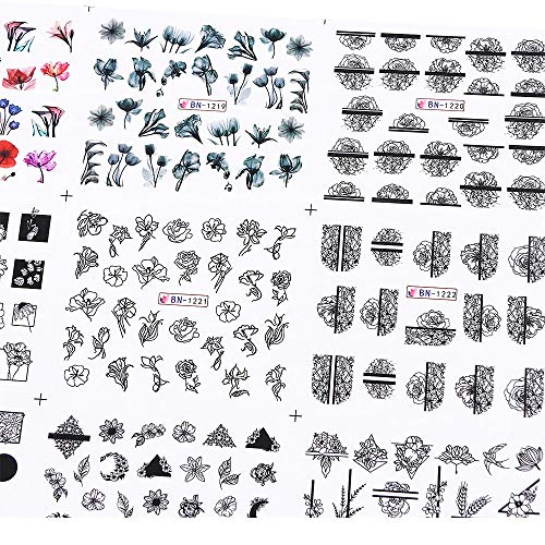 12 unids Agua Etiqueta Engomada Del Clavo de la Acuarela de Tinta de Flores de Encaje Diseño Hueco Manicura Gel Slider para Calcomanías de Uñas Wraps Papel JIBN1213-1224