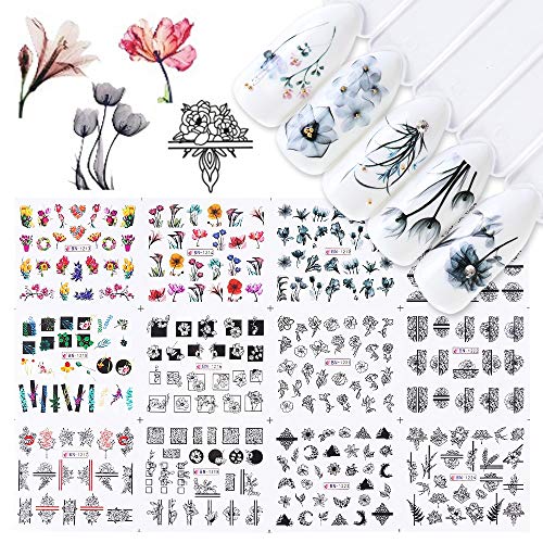 12 unids Agua Etiqueta Engomada Del Clavo de la Acuarela de Tinta de Flores de Encaje Diseño Hueco Manicura Gel Slider para Calcomanías de Uñas Wraps Papel JIBN1213-1224