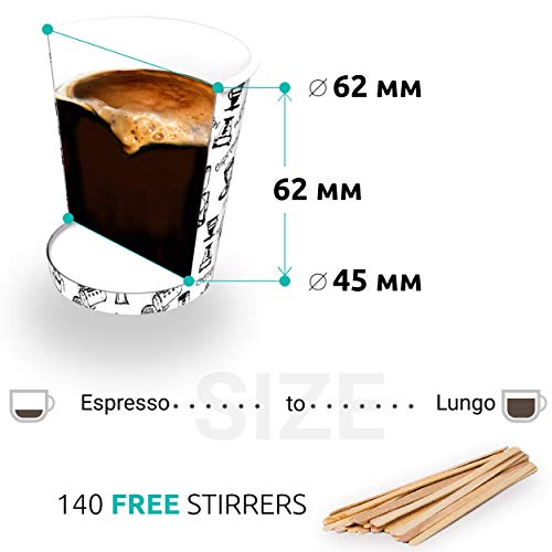 140 Vasos Carton Desechables para Café Espresso 110 ml con Agitadores de Madera para Café para Llevar