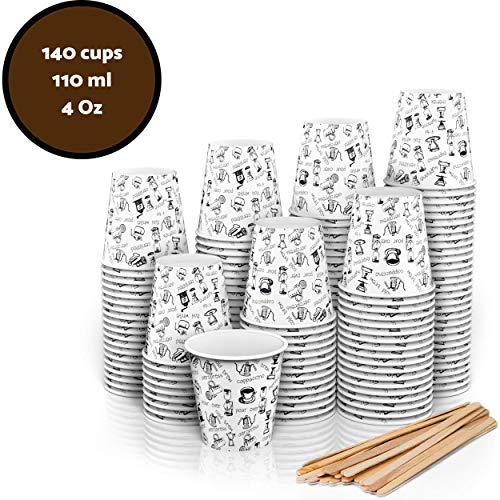 140 Vasos Carton Desechables para Café Espresso 110 ml con Agitadores de Madera para Café para Llevar