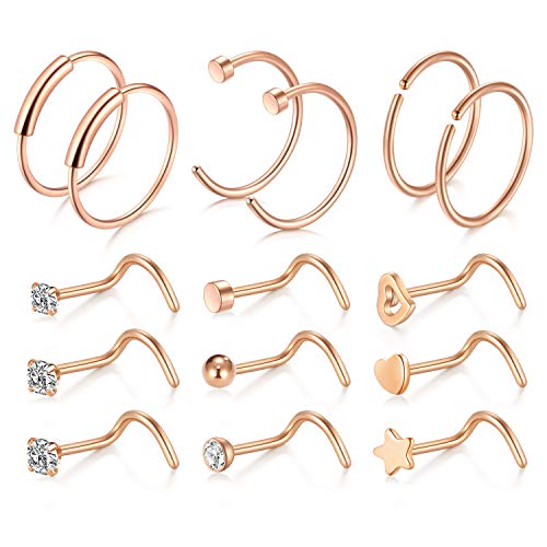 15 Piezas 20G Acero inoxidable Piercing Nariz Anillo Piercing Falso Piercing Labio Mujer Hombre Piercing Joyería - Oro rosa