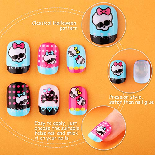 152 Piezas Uñas Falsas de Niños de Halloween Punta de Uñas Artificiales a Presión con Patrón de Calavera Araña Calabaza Murciélago Uñas Postizas Cortas de Cubierta Completa para Niños, 8 Cajas