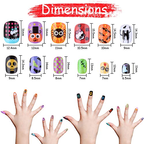 152 Piezas Uñas Falsas de Niños de Halloween Punta de Uñas Artificiales a Presión con Patrón de Calavera Araña Calabaza Murciélago Uñas Postizas Cortas de Cubierta Completa para Niños, 8 Cajas