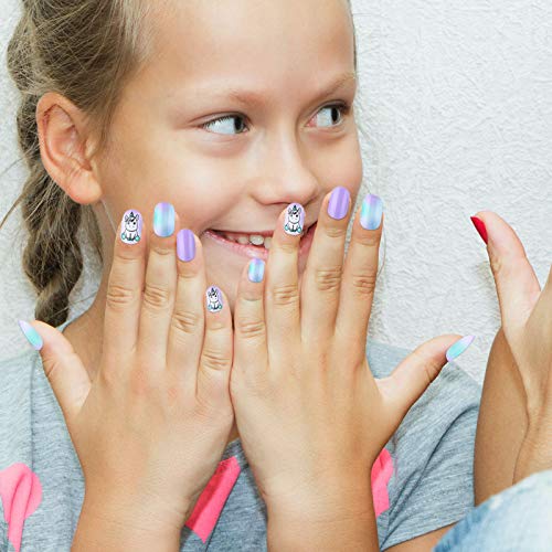 164 Uñas Infantiles Uñas Falsas de Niños Uñas Postizas Cortas de Niña de Color Degradado de Brillo de Presione de Cubierta Completa Uñas Postizas Lindas con Tema de Unicornio de 7 Días, 7 Cajas