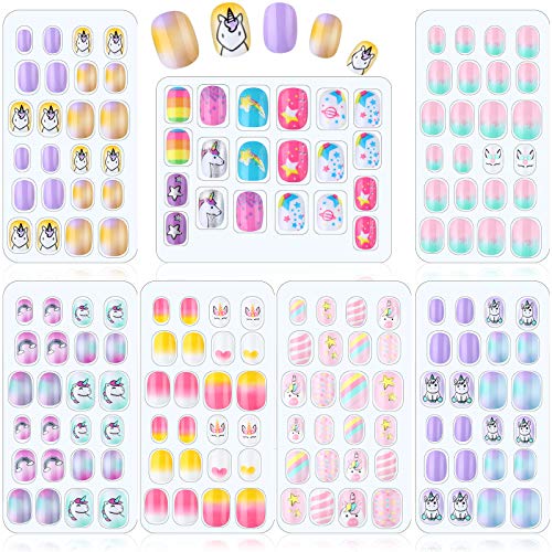 164 Uñas Infantiles Uñas Falsas de Niños Uñas Postizas Cortas de Niña de Color Degradado de Brillo de Presione de Cubierta Completa Uñas Postizas Lindas con Tema de Unicornio de 7 Días, 7 Cajas