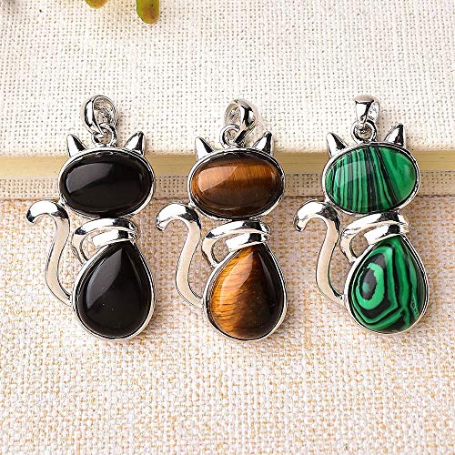 1Pc Fashion Quartz Crystal Cat Pendant Rose Quartz Malachite Tigers Eye Obsidian Pink Red Stone Agate For Women Mineral Jewelry,Malachite