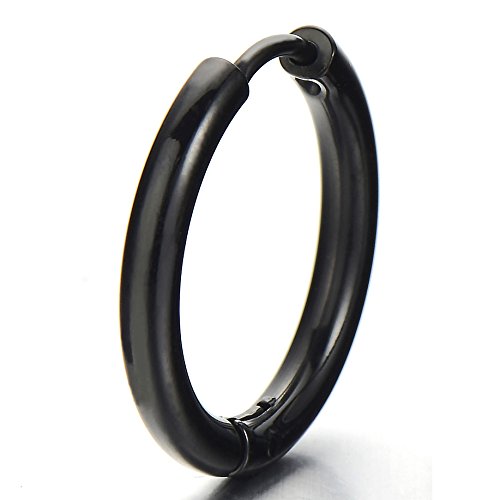 2 Negro Llanura Círculo Pendientes del Aro, Pendientes para Hombre Mujer, Acero Inoxidable