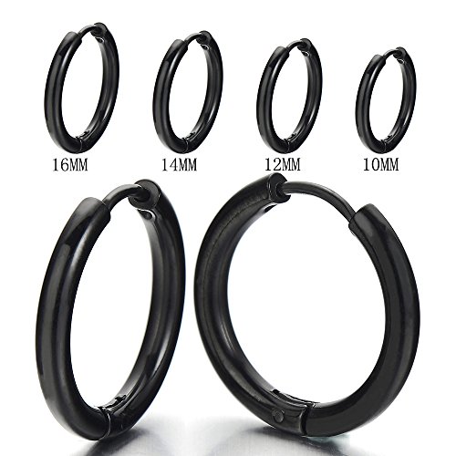 2 Negro Llanura Círculo Pendientes del Aro, Pendientes para Hombre Mujer, Acero Inoxidable