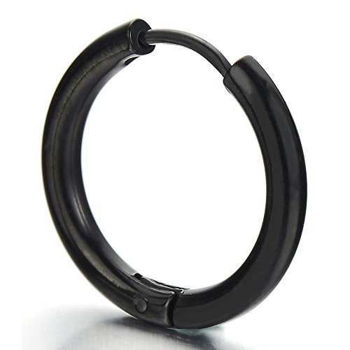 2 Negro Llanura Círculo Pendientes del Aro, Pendientes para Hombre Mujer, Acero Inoxidable