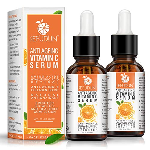 2 PCS Cara De Suero De Vitamina C Con áCido HialuróNico, OrgáNico Natural 20% VC, ColáGeno De RestauracióN Y Refuerzo, Antiarrugas, Reafirmante, CíRculo Oscuro, LíNea Fina, Corrector De DañO Solar