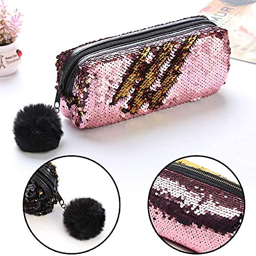 2 piezas bolsa de cosméticos de sirena lentejuelas reversibles estuche de lápices caja de lentejuelas, bolsa cosmética sirena reversible y fácil de llevar lentejuelas bicolores, neutro, color oro rosa