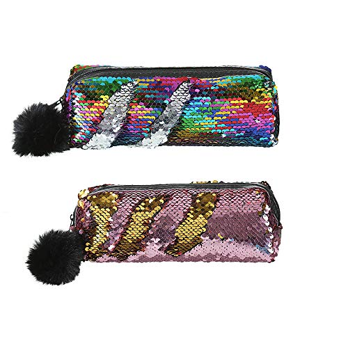 2 piezas bolsa de cosméticos de sirena lentejuelas reversibles estuche de lápices caja de lentejuelas, bolsa cosmética sirena reversible y fácil de llevar lentejuelas bicolores, neutro, color oro rosa