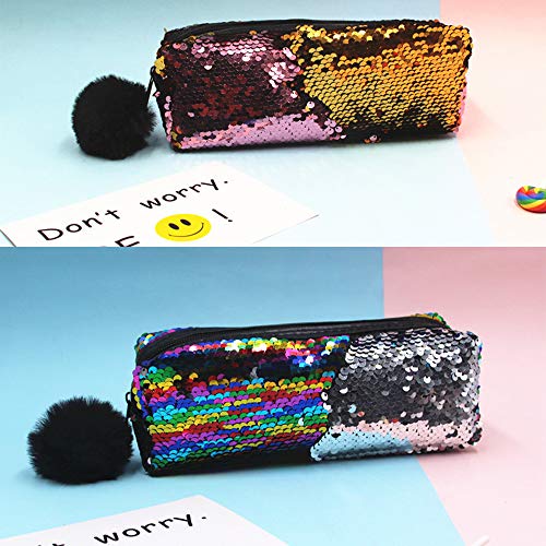 2 piezas bolsa de cosméticos de sirena lentejuelas reversibles estuche de lápices caja de lentejuelas, bolsa cosmética sirena reversible y fácil de llevar lentejuelas bicolores, neutro, color oro rosa