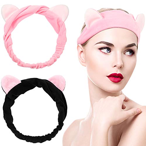 2 Piezas Diadema de Maquillaje de Orejas de Gato Diadema Linda de Orejas de Gato Diadema Elástica Cosmética para Maquillaje Ducha Lavado de Cara, se Adapta a la Mayoría de los Tamaños de Cabeza
