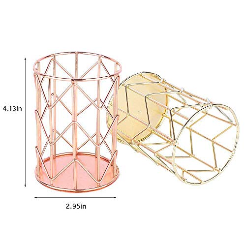 2 piezas Plating Pen Holder Fashion Openwork Hierro Redondo Arte Instrumento de Escritura Holder Organizador de Escritorio Holder Pen Organizador Maquillaje Cepillo (Rosa Oro + Oro)