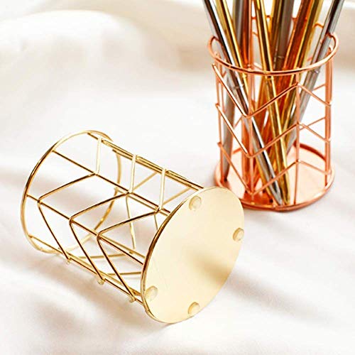 2 piezas Plating Pen Holder Fashion Openwork Hierro Redondo Arte Instrumento de Escritura Holder Organizador de Escritorio Holder Pen Organizador Maquillaje Cepillo (Rosa Oro + Oro)