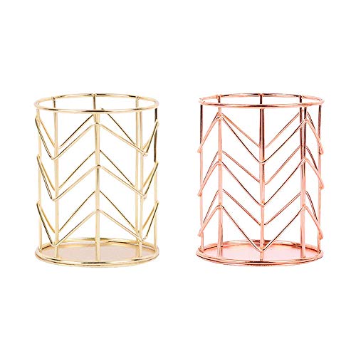 2 piezas Plating Pen Holder Fashion Openwork Hierro Redondo Arte Instrumento de Escritura Holder Organizador de Escritorio Holder Pen Organizador Maquillaje Cepillo (Rosa Oro + Oro)