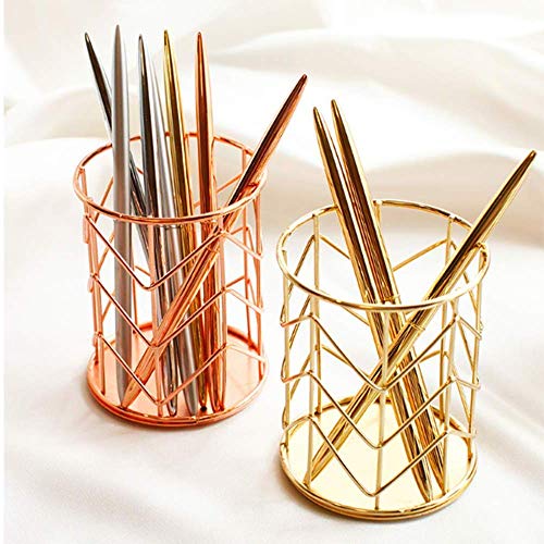 2 piezas Plating Pen Holder Fashion Openwork Hierro Redondo Arte Instrumento de Escritura Holder Organizador de Escritorio Holder Pen Organizador Maquillaje Cepillo (Rosa Oro + Oro)