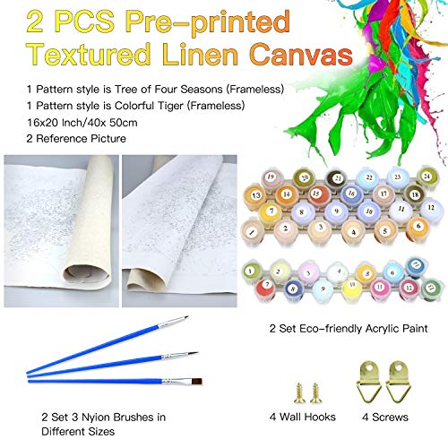 2 Set Pintar por Numeros para Adultos Niños Pintura por Números con Pinceles y Pinturas Decoraciones,Kit de pintura al óleo para adultos,Tigre colorido y Árbol colorido (16*20 Pulgadas, Sin Marco)