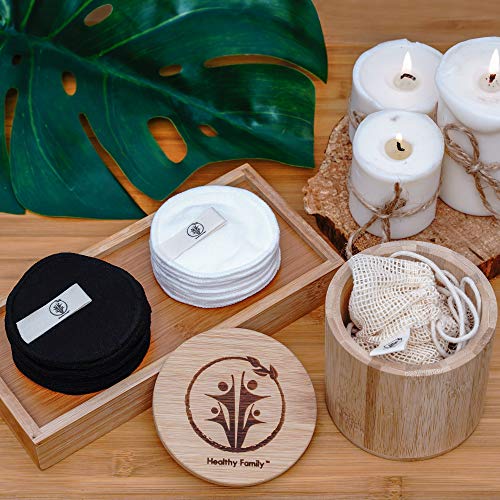 20 almohadillas desmaquillantes reutilizables de algodón de bambú. DISEÑO ANTI-MANCHAS. El juego incluye un tarro de bambú de almacenamiento, 2 bolsas de lavandería y de viaje. Diseño anti-manchas.