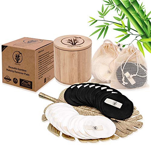 20 almohadillas desmaquillantes reutilizables de algodón de bambú. DISEÑO ANTI-MANCHAS. El juego incluye un tarro de bambú de almacenamiento, 2 bolsas de lavandería y de viaje. Diseño anti-manchas.