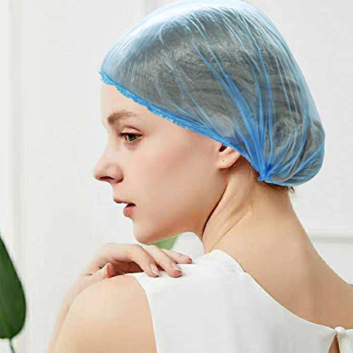 200Pcs Gorros de Ducha Desechables Plastico Gorros de Baño Transparente Grueso Sombreros Tapas de Ducha Elástico Gorros para el Cabello para el Hogar, Hotel, Spa, Peluquería y Viajes (Azul+Blanco)