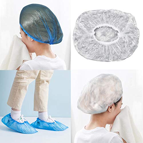 200Pcs Gorros de Ducha Desechables Plastico Gorros de Baño Transparente Grueso Sombreros Tapas de Ducha Elástico Gorros para el Cabello para el Hogar, Hotel, Spa, Peluquería y Viajes (Azul+Blanco)