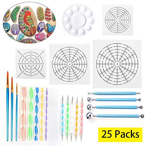 25 herramientas de punteo de mandala para pintar rocas, plantilla de mandala, bolígrafos de puntos, bandeja de pintura, cepillo y herramientas de modelado para manualidades de niños