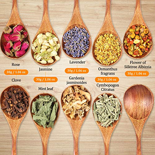 270g Flores Secas, Kit de Flores Secas Naturales para Baño, Fabricación de Jabón y Velas, Incluye Rosa, Lavanda, Clavo, Jazmín, Osmanthus, Gardenia Jasminoides, Menta y Más, 9 Bolsas/ 30g por Bolsa