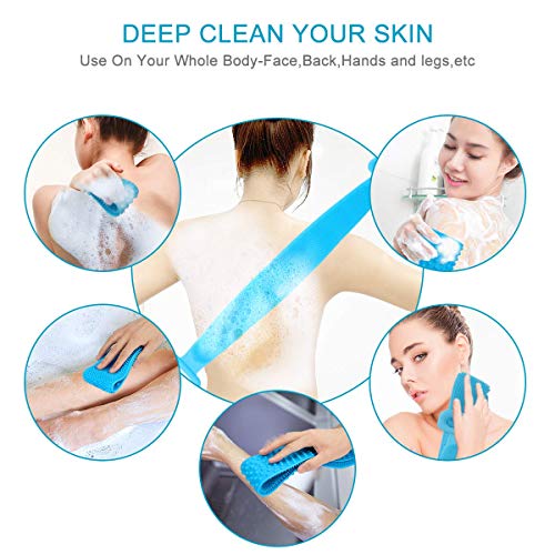 2Pcs Silicona Cuerpo Cepillo,Cepillo Espalda Ducha,Toalla de Baño Depurador Trasero Exfoliante de Doble Cara para la Ducha,Limpiar Espalda y Euerpo,suave y cómodo Masajee,76 * 9cm(Morado y azul)