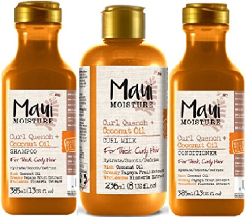 (3 PAQUETE) Maui Moisture Curl Quench Aceite de coco SHAMPOO x 385ml y Moisture Curl Quench Aceite de coco Curl DEJE EN Leche x 236ml y Moisture Curl Quench Aceite de coco ACONDICIONADOR x 385ml