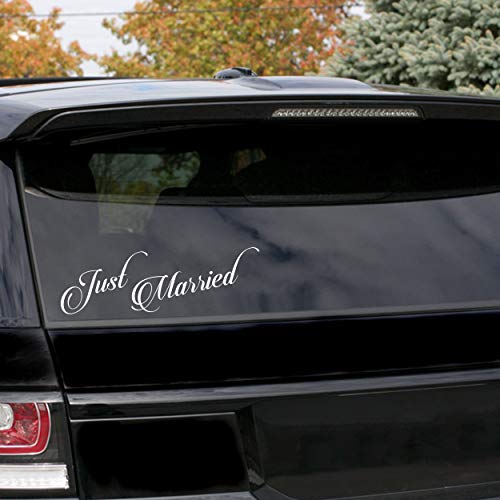 (30x10 cm) Just Married Vinilo Pegatina Para Coche Diseño / Boda Se aferran Decoración De La Bandera Adhesivo Con Texto / Adhesivos Parte trasera coche Ventana Espejo + Pegatina Gratis Surtido Regalo