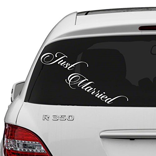 (30x10 cm) Just Married Vinilo Pegatina Para Coche Diseño / Boda Se aferran Decoración De La Bandera Adhesivo Con Texto / Adhesivos Parte trasera coche Ventana Espejo + Pegatina Gratis Surtido Regalo
