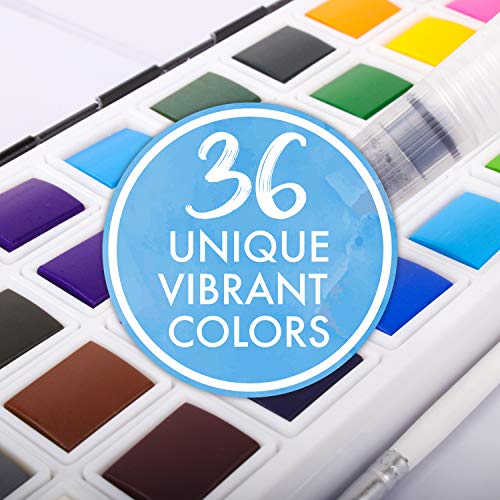 36 Acuarelas Zenacolor - Pinturas para Principiantes o Profesionales - Incluye Pincel Acuarela y Pincel de Agua Recargable - Paleta Acuarela con Caja Metálica y Pastillas Acuarela Extraíbles