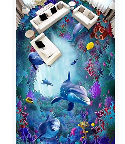 3D Pintura Mural Estéreo Del Piso Del Delfín 3D Coralino De La Alga Marina De Hd, 300 * 210Cm