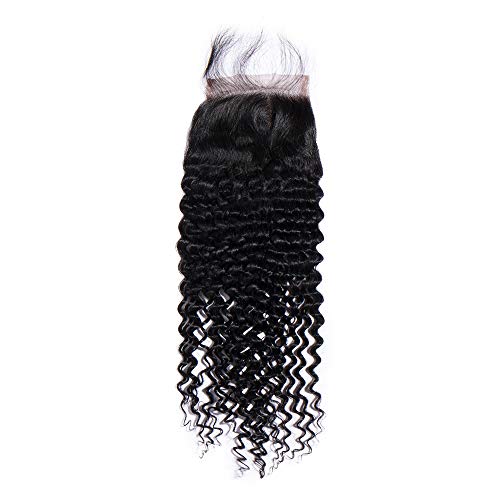 4 * 4 Kinky Curly Lace Frontal Frente de Encaje Rizado con Cierre Closure Extensiones de Cabello Natural Peluca Mujer -50cm, 41g, 1B Negro Natural