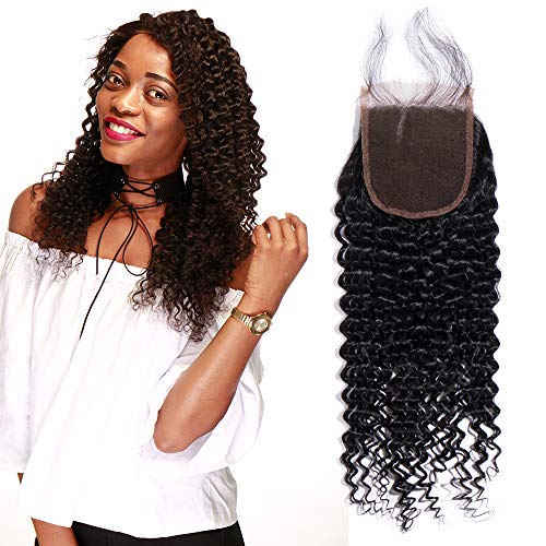 4 * 4 Kinky Curly Lace Frontal Frente de Encaje Rizado con Cierre Closure Extensiones de Cabello Natural Peluca Mujer -50cm, 41g, 1B Negro Natural