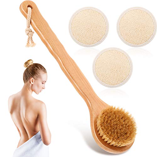 4 Cepillos de Madera de Cuerpo Depurador Trasero de Madera Cepillo de Baño Ducha con Mango Largo Cepillo Exfoliante Piel Seca y Almohadilla Exfoliante de Esponja Vegetal Depurador de Cuerpo