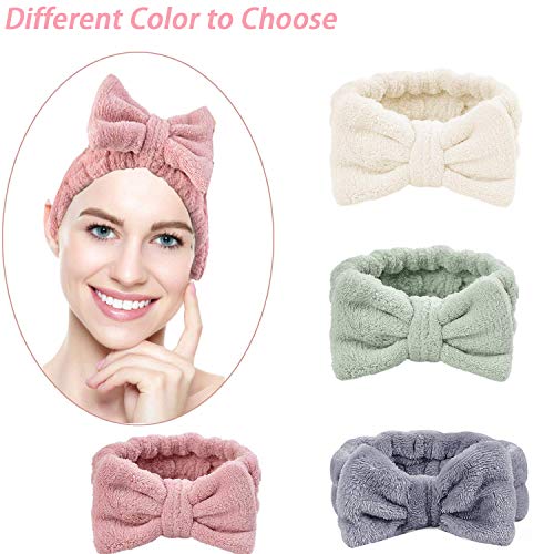 4 Piezas Diadema Maquillaje, Ouinne Bowknot Pelo Bandas Elástico Coral Bandas para el Cabello Maquillaje de Felpa Lavado de Cara Ducha Diadema