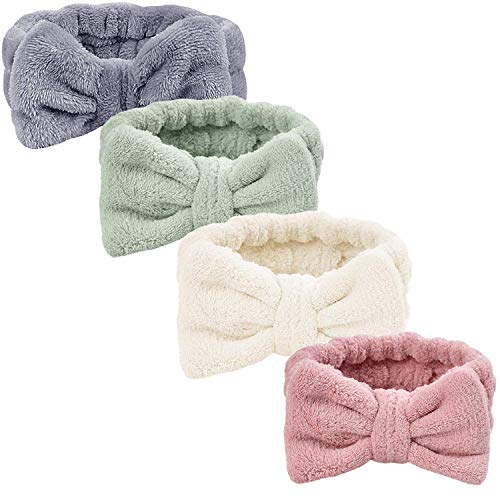 4 Piezas Diadema Maquillaje, Ouinne Bowknot Pelo Bandas Elástico Coral Bandas para el Cabello Maquillaje de Felpa Lavado de Cara Ducha Diadema
