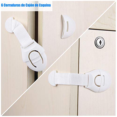 40 Piezas Kit de Seguridad para Bebés, 12 Cerraduras de Seguridad Niños+12 Protectores Esquinas Bebes+ 12 Cubiertas para enchufes+4 Protectores Puertas Bebe
