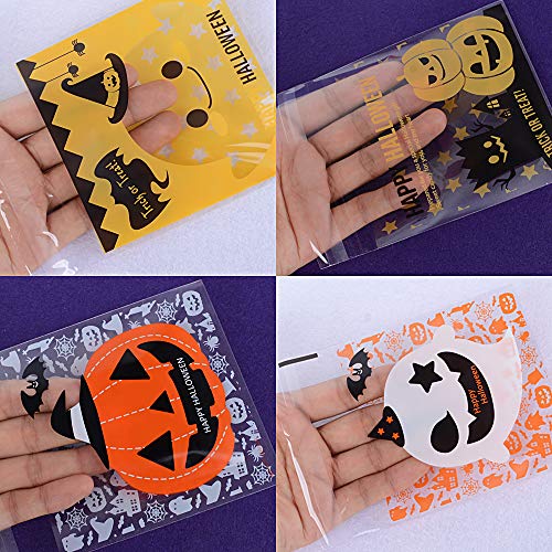 400pcs(10 * 13cm) Bolsas Bolsitas Halloween Plástico Celofán Autoadhesivas Caramelos Regalo Dulces Galletas Cookies Fiesta (4 diseños*100pcs) Tamaño 10 * 10+3cm
