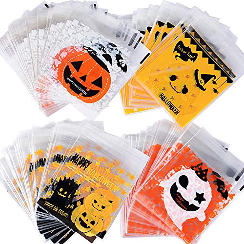 400pcs(10 * 13cm) Bolsas Bolsitas Halloween Plástico Celofán Autoadhesivas Caramelos Regalo Dulces Galletas Cookies Fiesta (4 diseños*100pcs) Tamaño 10 * 10+3cm