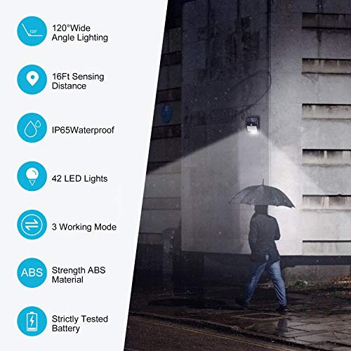 [42 LED / 3 Modos ] SEZAC Luces solares Luces con sensor de movimiento solar para exteriores, Luces de seguridad inalámbricas a prueba de agua para el garaje del jardín Camino (paquete de 6)