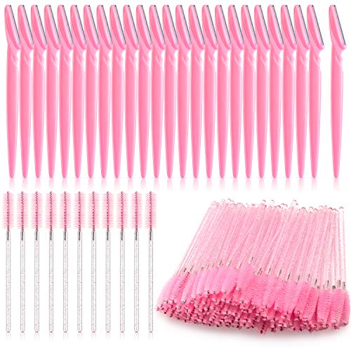 45 Piezas Navajas de Cejas Herramienta de Dermaplaning Exfoliante Multiusos Maquinilla de Afeitar Facial de Ceja Aseo y odelador de Cejas y 100 Cepillos de Rímel con Purpurina Desechables