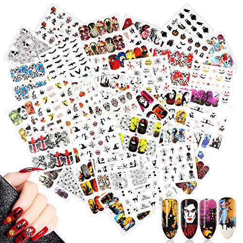 48 Hojas Halloween Transferencia Agua Pegatinas Uñas,MWOOT Nail Art Stickers Calcomanías Uñas Etiquetas Engomadas para DIY Puntas de Uñas Decoracion