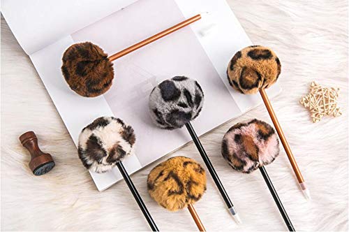 5 bolígrafos con pompón, diseño de leopardo, para niñas, mujeres, niños, esponjoso, para firmar, con pompón, loplón, para escuela, oficina, familia
