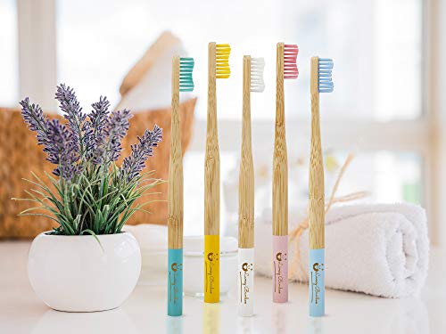 5 cepillos de dientes de bambú, ecológicos, cerdas suaves y medianas, para el cuidado dental natural, mango de madera sin plástico, vegano, multicolor