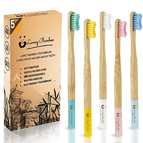 5 cepillos de dientes de bambú, ecológicos, cerdas suaves y medianas, para el cuidado dental natural, mango de madera sin plástico, vegano, multicolor