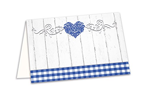 50 Tarjetas de mesa; bávaro Espacio Tarjetas en blanco azul a cuadros con corazón como Nombre kärtchen, cartoncillos Asiento o como regalo colgante